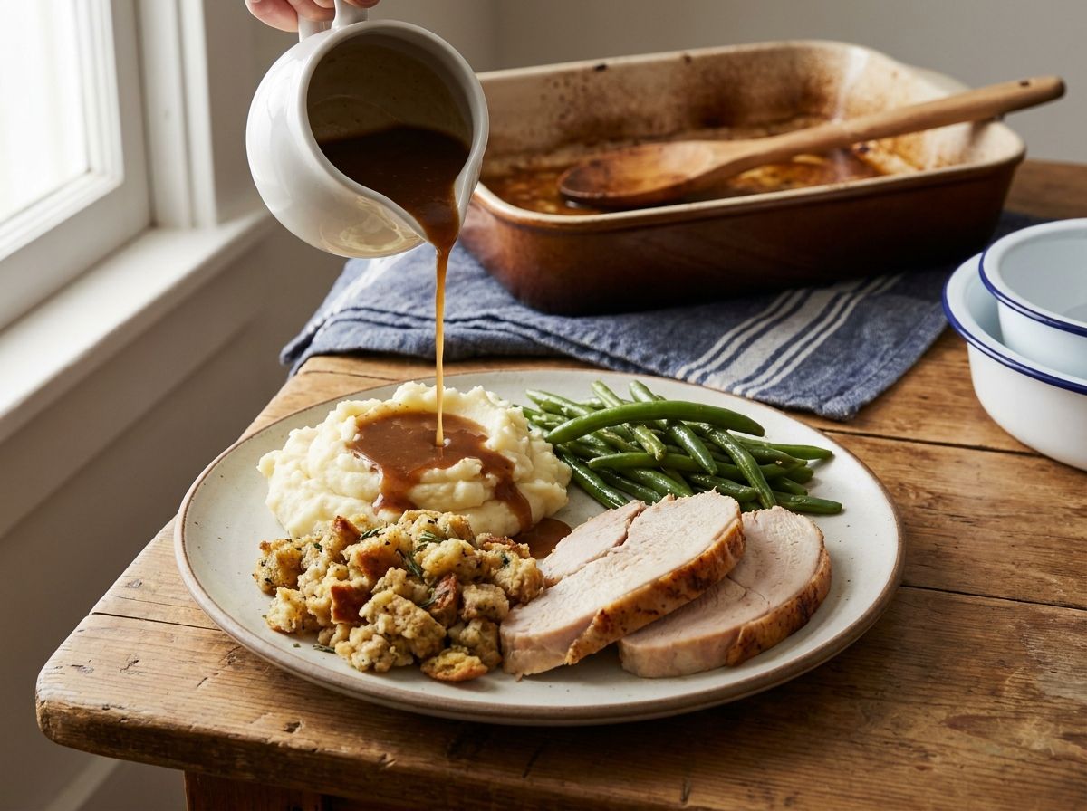 Pan gravy poured over mashed potatoes on a Thanksgiving plate