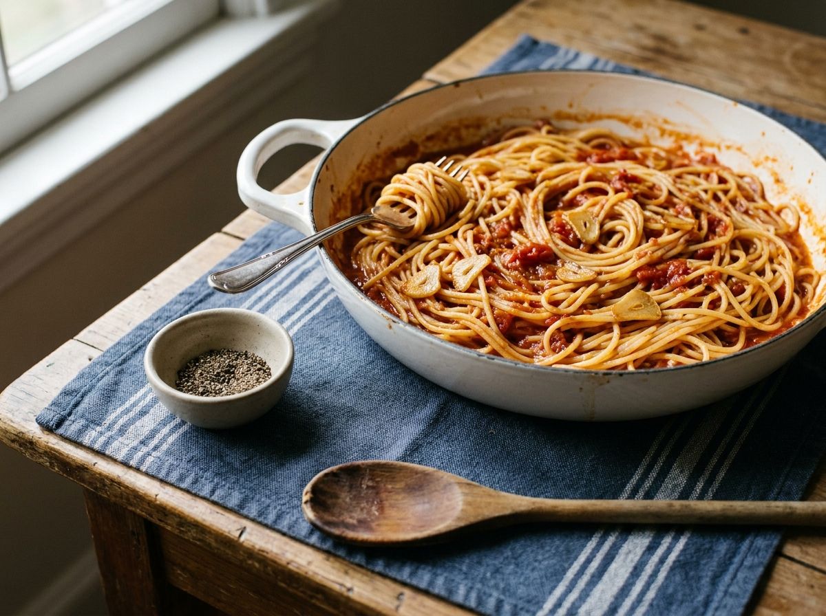 Spaghetti tossed in garlic and crushed tomato sauce in a white enamel pan